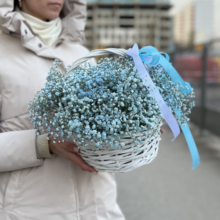 11 голубых гипсофил в корзине